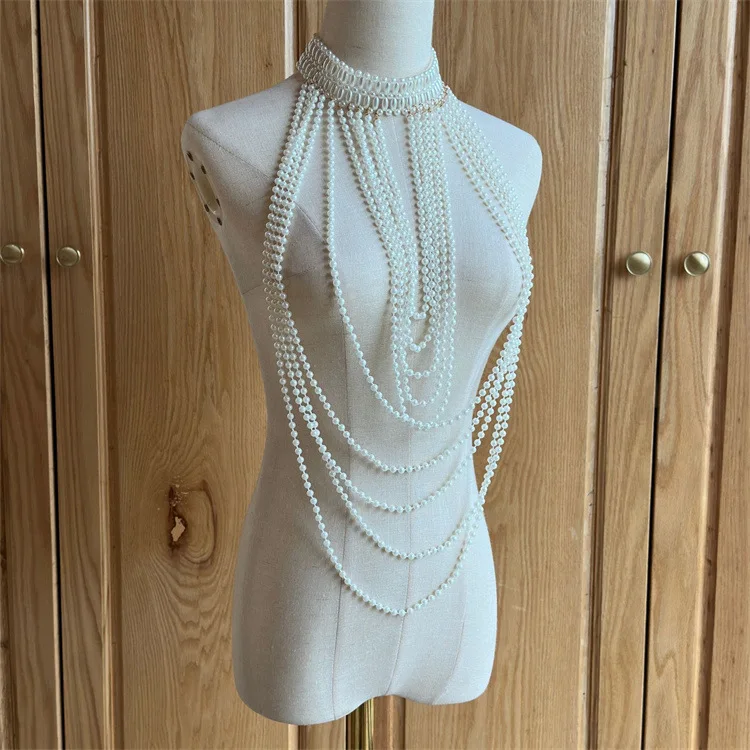 2024 body chain Chinese Pearl body chain Heavy extra long fringe pearl exaggerated necklace choker for women