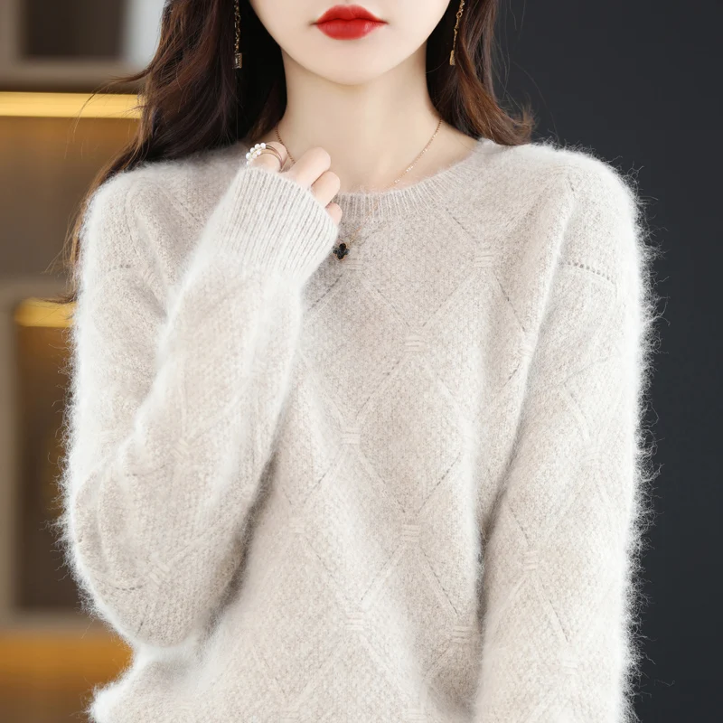 100% mink cashmere sweater Women's knitting sweater O-neck long sleeve pullover Autumn and winter clothing warm top