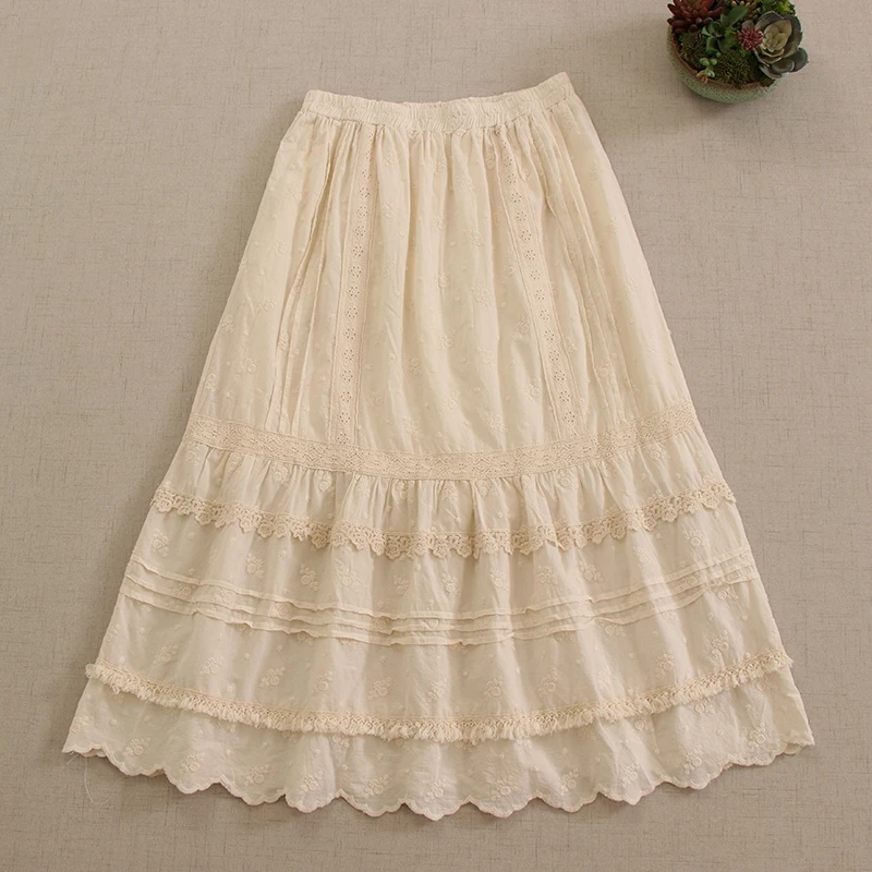 

Japanese Sweet Mori Girl Lace Embroidery Tassel Cotton Skirt Women Elastic Waist Casual Loose Underskirt A-line Midi Skirts