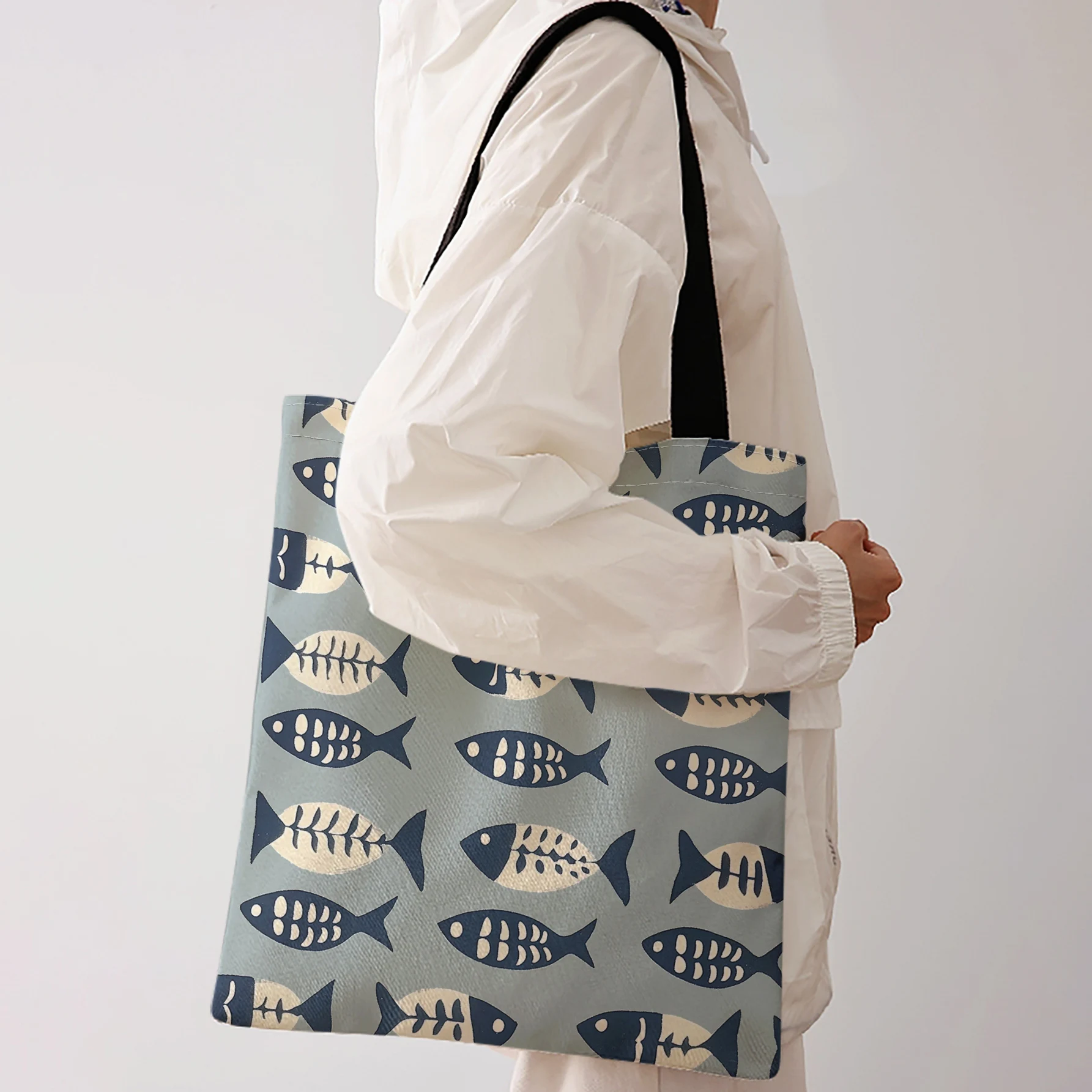 Navy Fish Skeleton All Over Print Tote Bag Large Capacity Shoulder Bag For Shopping Travel Daily Use