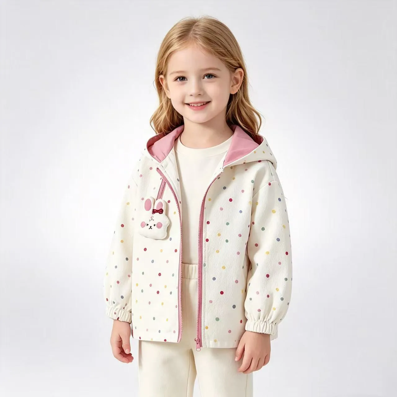 Fashion Girls Spring Autumn Jacket Kids Sweet Floral Polka Dot Bunny Hooded Trench Coat Children Clothing  80-140CM