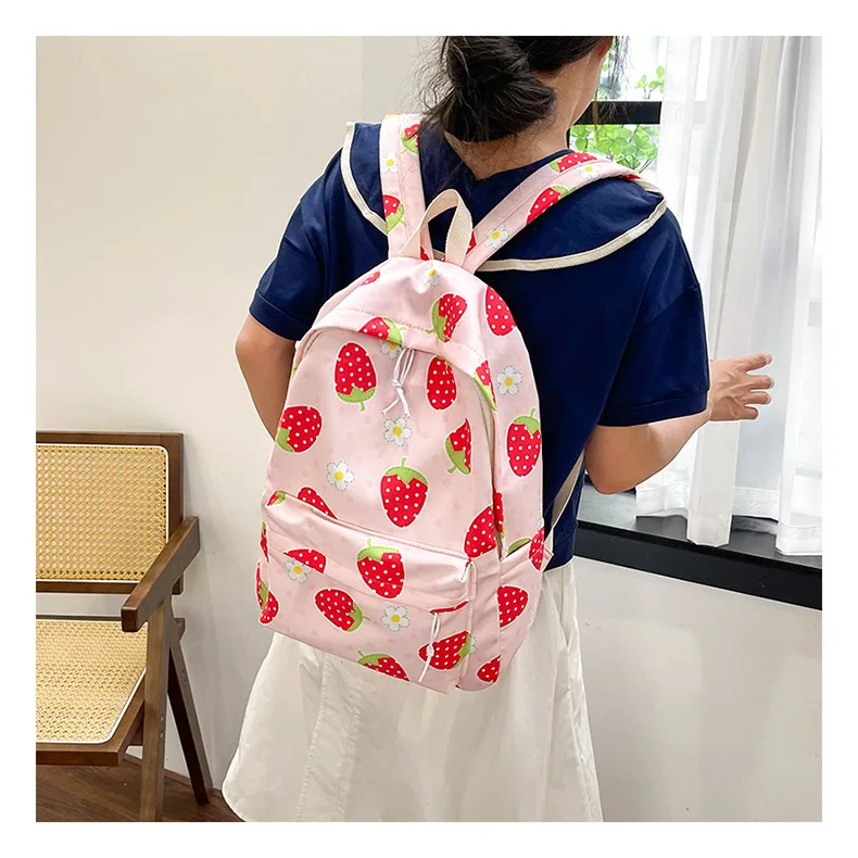 2023 New Strawberry Pattern Campus Schoolbag Women's Korean Edition Small Fresh Girl Heart Large Capacity Casual Backpack