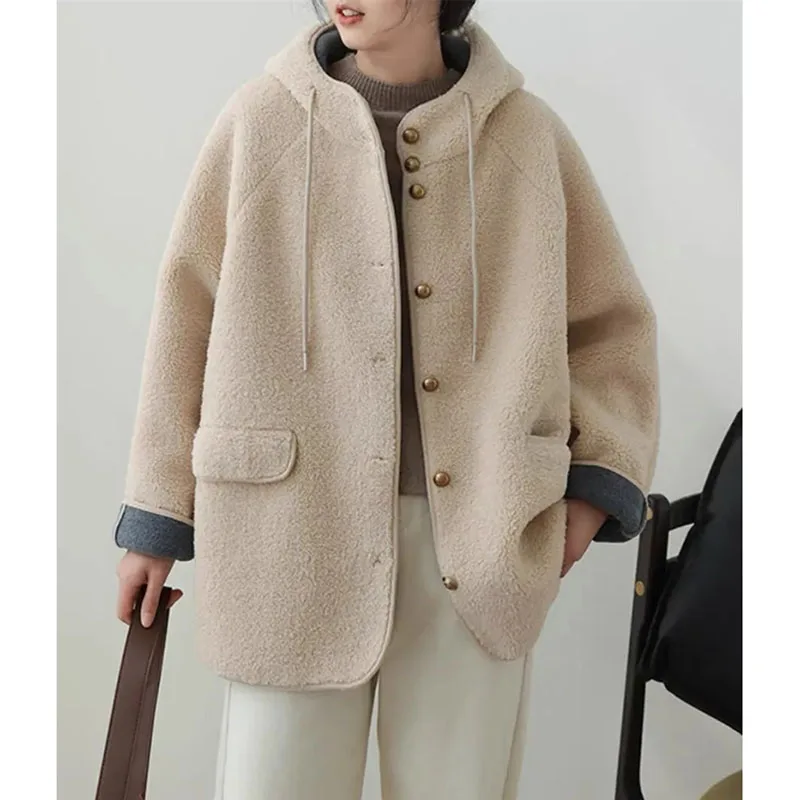 Coffee Brown Hooded Teddy Fleece Jacket with Snap Buttons and Patch...
