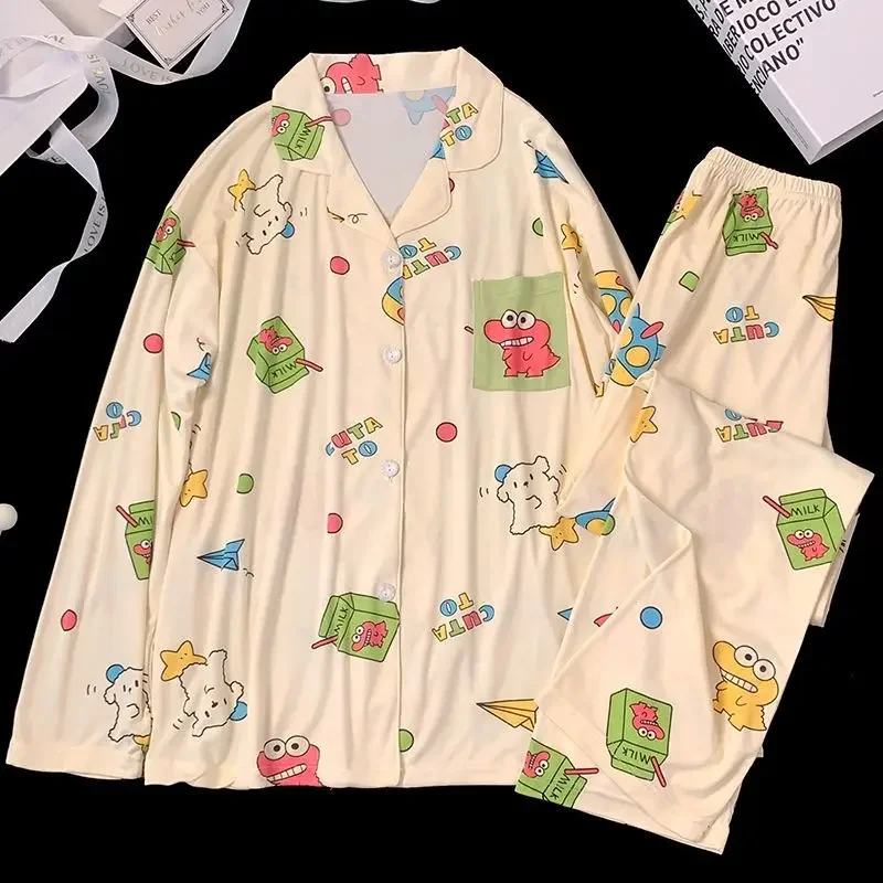 

Japanese Crayon Shin-chan Lapel Women Pajamas Cartoon Anime Long Sleeve Cardigan Set Spring Autumn Comfort Can Go Out Homewear