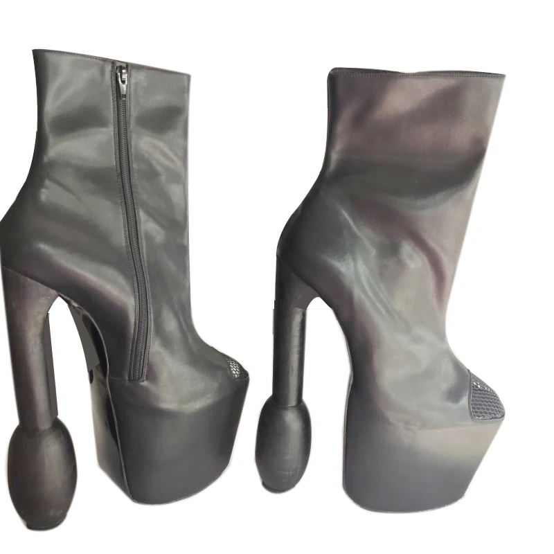 

SHOFOO Customized shoes. Black genuine leather Splicing black mesh fabric. 25cm cylindrical shoe heel height. 10cm platform.