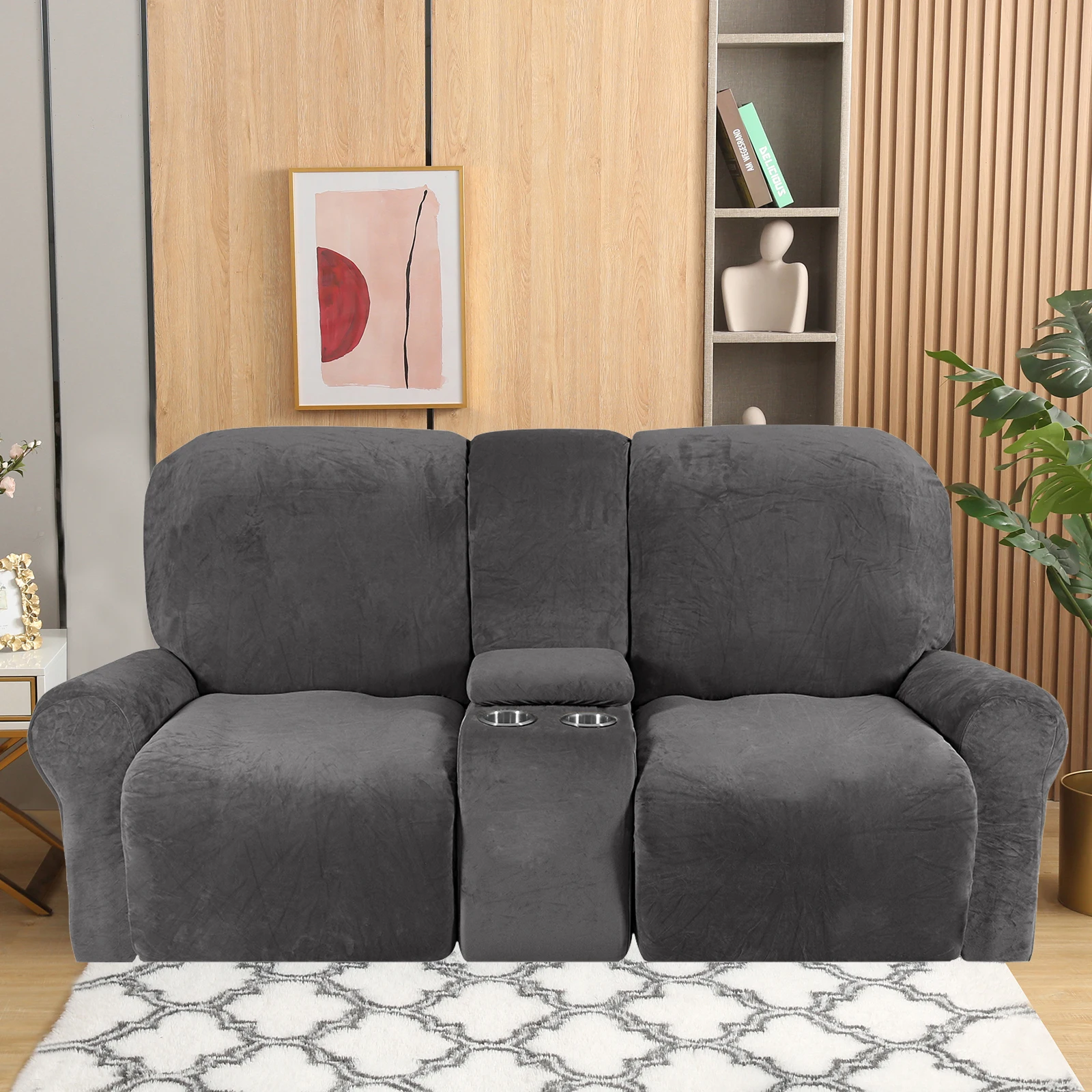 Imagem -03 - Capas de Sofá Reclinável Sofá Slipcovers com Suportes de Copo Estiramento Capa de Veludo para Duplo Sofá Reclinável Loveseat com Console