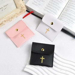 Bolsas de cuero Pu para collar de Rosario, bolsa de joyería de religión blanca con embalaje cruzado de regalo, bolsa de hebilla, bolsas de almacenamiento de joyería