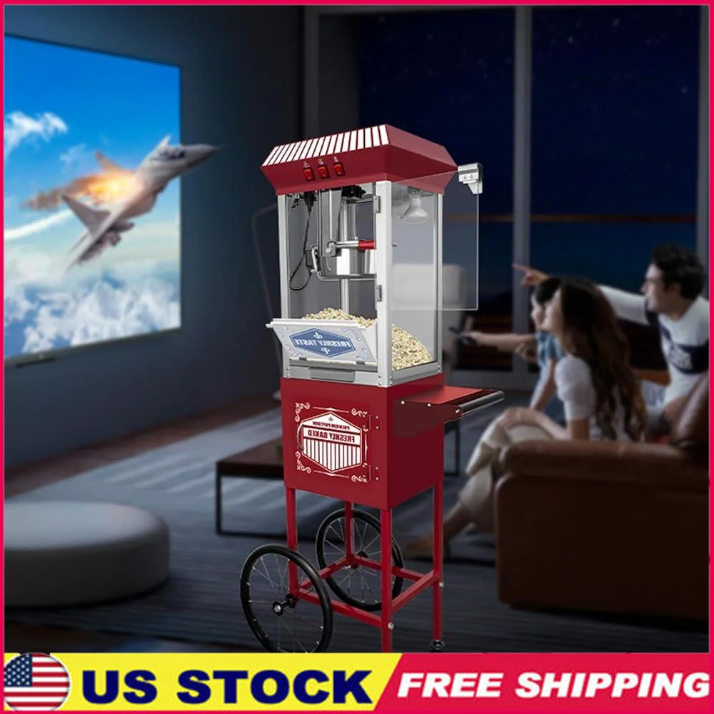 Máquina de palomitas de maíz comercial con carrito, agitador automático, fabricante de palomitas de maíz para cine, 800W, alta calidad, duradero, para fiestas y eventos