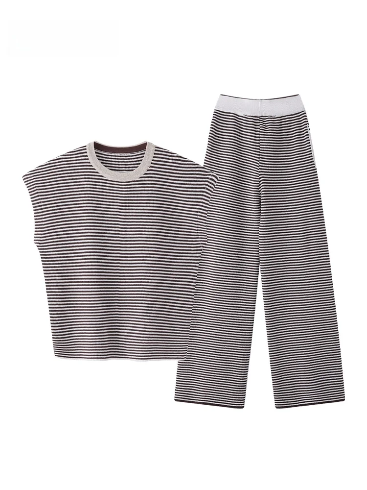 

JZZDEMM Fashionable Knitted Two-Piece Set Women's Slim Striped Vest And Pants Ensemble Stylish Ensemble Long Pants round Neck