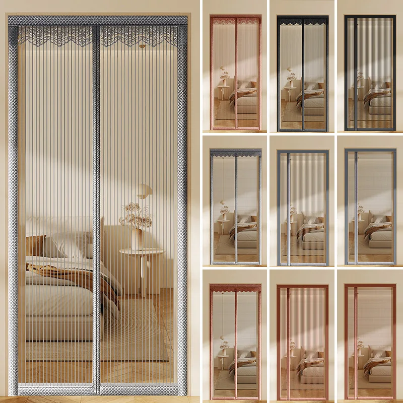 Heavy Duty Magnetic Screen Door Mesh Curtain Mosquito Net Bug Hands Free Partition Mute Striped Door Curtain Bedroom Ventilation