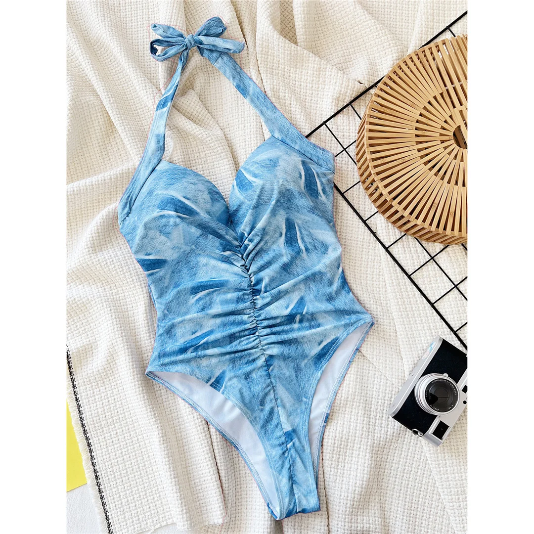 Bedruckter Neckholder-Badeanzug mit V-Ausschnitt und integriertem BH, einteiliger Badeanzug für Damen, Monokini mit hohem Beinausschnitt, Badebekleidung, Badeanzug, Modell V5739. – Detail 5