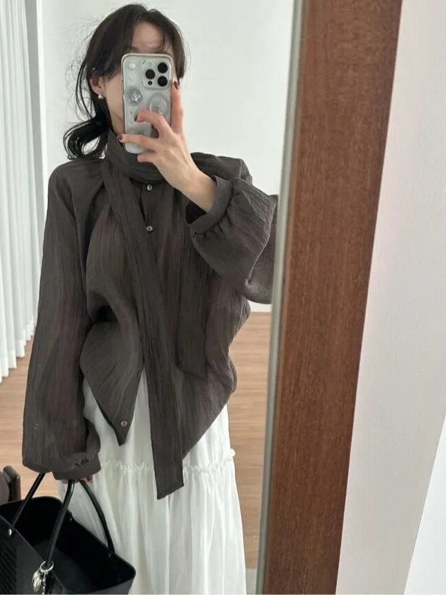 Spring Gentle Wind Stand Collar Belt Design Long Sleeve Shirt Top Korean Style Women's Fashion Inner Wear Regular Fit