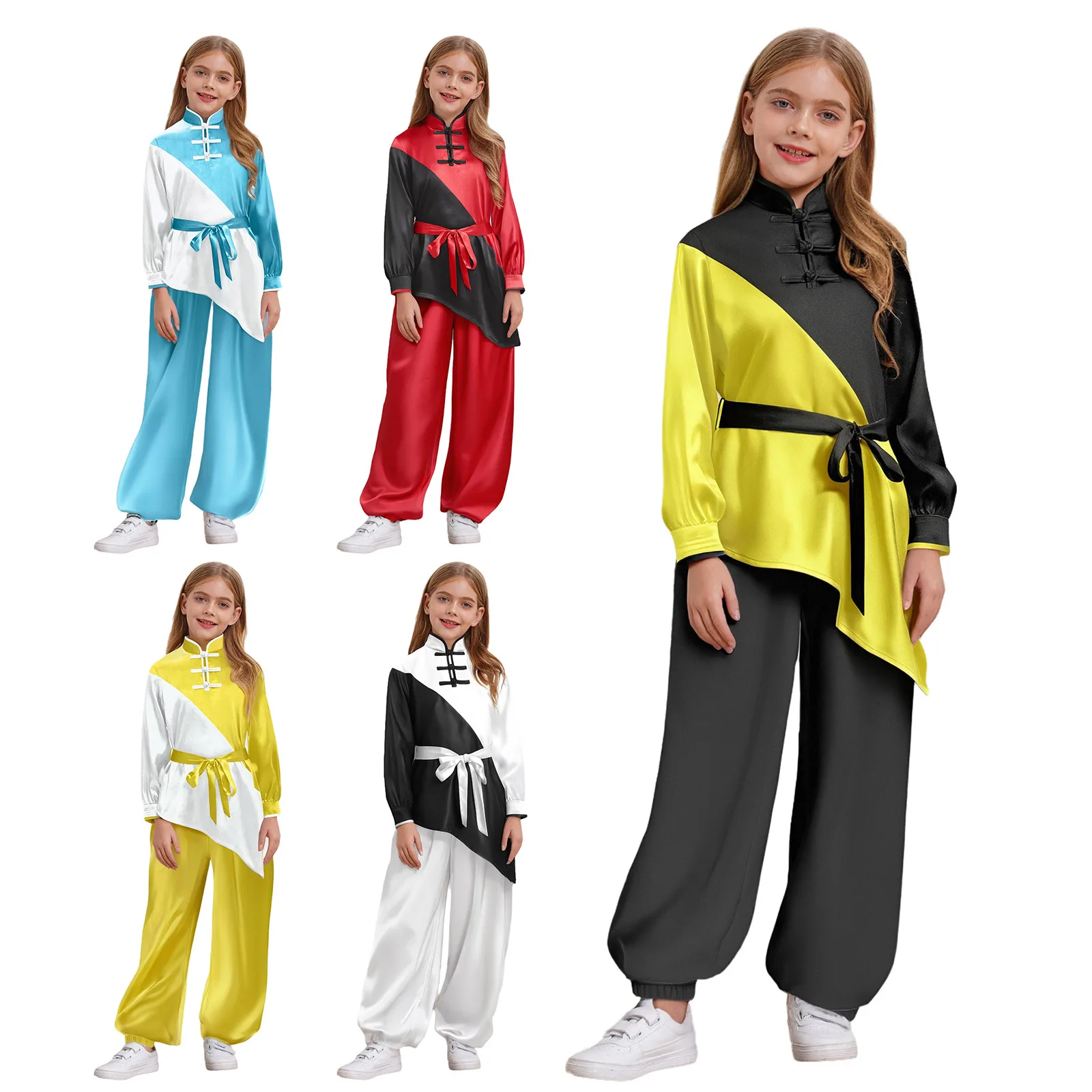 أطفال بنين بنات الكونغ فو موحدة تاي تشي وينغ تشون فنون الدفاع عن النفس الزي كم طويل مع حزام السراويل زي الهالوين التأثيري