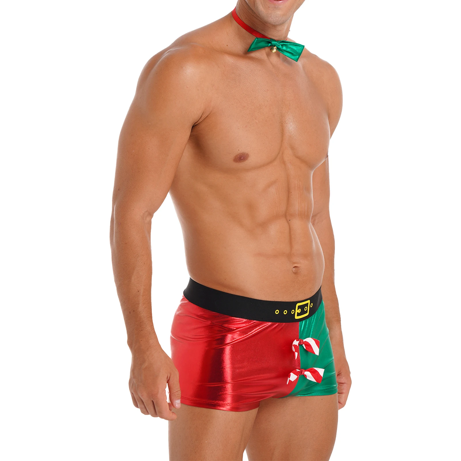 Mens Christmas Holiday babbo natale Fancy Dress Up Costume Metallic Shiny Low Rise Boxer Shorts intimo con papillon