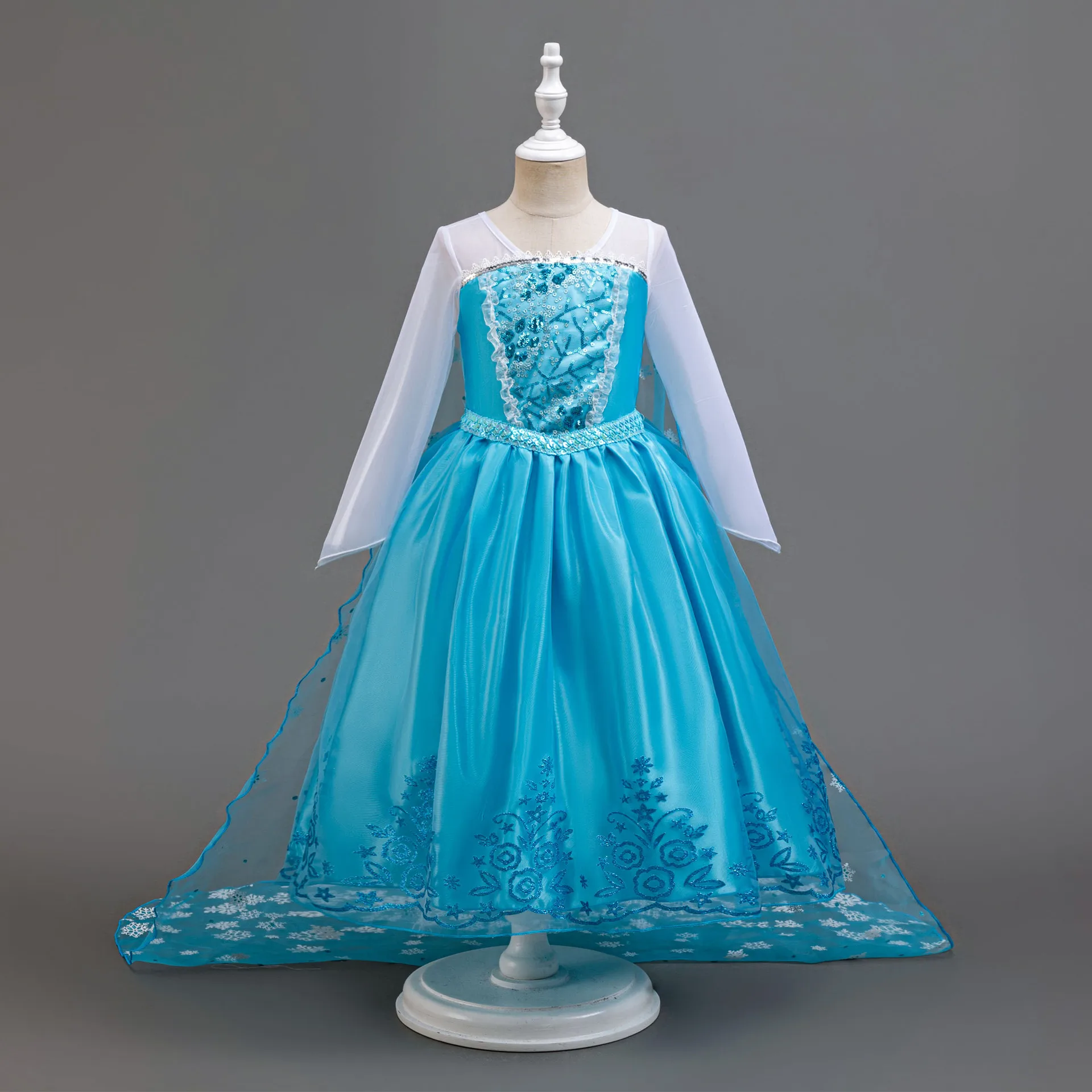 Girls Blue Sequin Floral Princess Dress With Snowflake Cape Snow Queen Flower Print Gown Kids Birthday Elsa Party Costume Frock