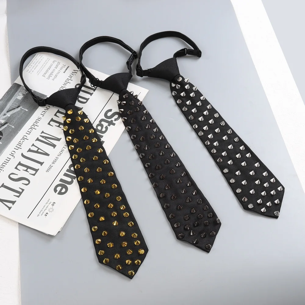 New Punk Style Riveted Lazy Necktie for Women Men Black Casual Business Tie Fashion Easy Wear Trendy Jewelry Accessories
