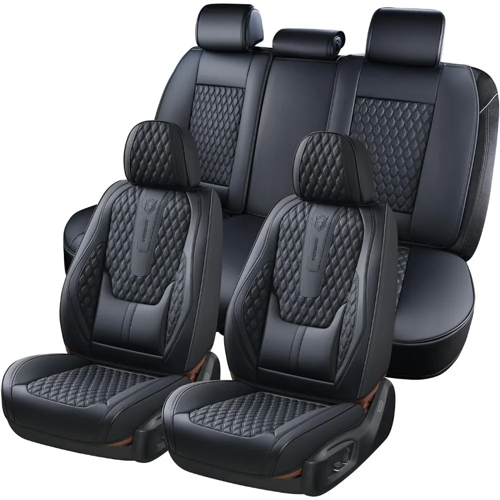 أغطية مقاعد سيارة فاخرة من جلد نابا مع دعم قطني وميزة مقاومة للماء، مجموعة كاملة باللون الأسود