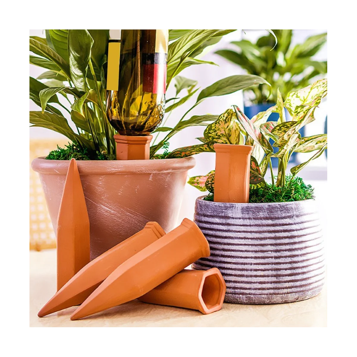 6Pcs Ceramic Plant Waterer of Terracotta Self Watering Spikes Plant Watering Devices for Vacation for Indoor&Outdoor