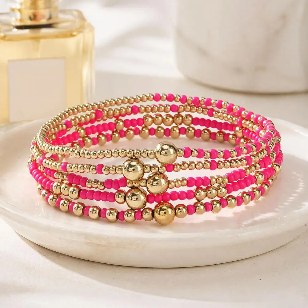 Stackable Beaded Bracelets Handmade Elastic Wristbands 5pcs Beaded Bracelet Stack for Women Teenage Girls Tiny Elastic Stretch