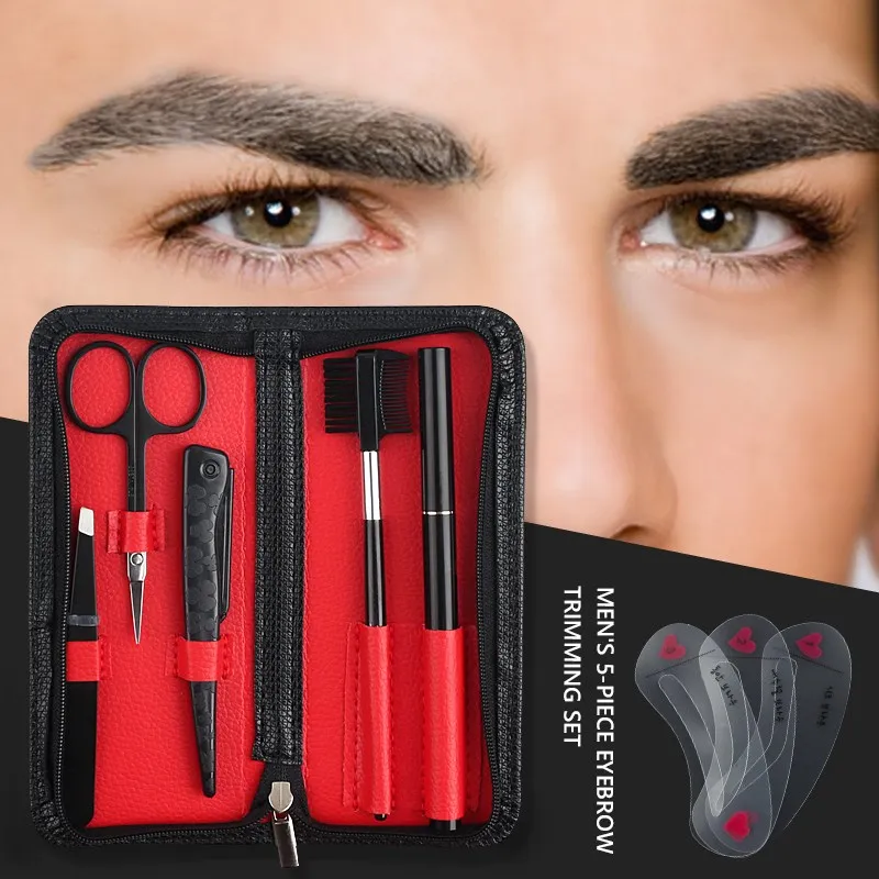 5pcs/set Men's Eyebrow Set Grooming Kit For BeginnersWith PU Leather Case Include Eyebrow Pencil Razors Scissors Combs Tweezers