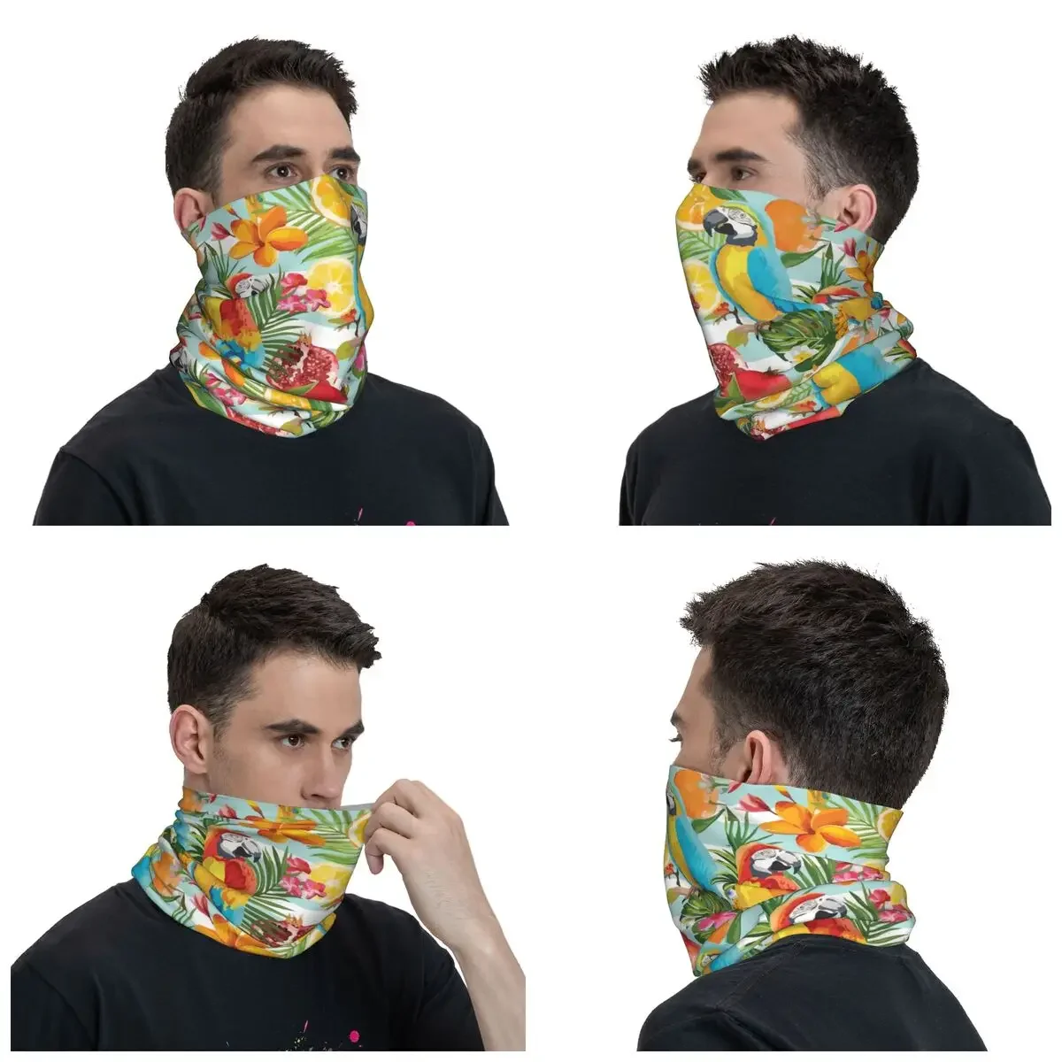 Cute Macaw Tropical Forest Fruits Bandana Neck Gaiter Parrots Cockatiel Animal Face Scarf Multi-use Balaclava Unisex Adult