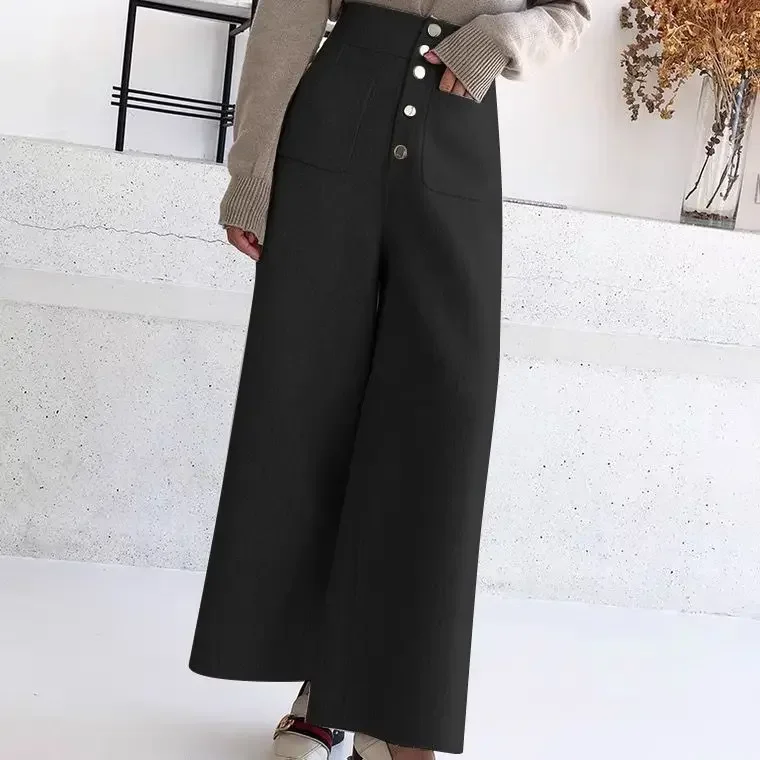 

New Loribindwood Grey Wool Wide-leg Pants for Women Winter High-waisted Double-breasted Casual FloorThickened