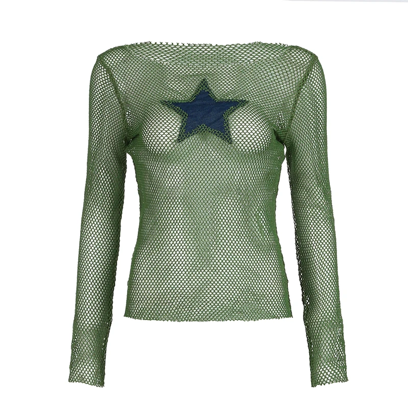 Rapcopter y2k Star Smock Top Holes Net Full Sleeve Crop Top Women Streetwear Fashion Sexy See Through Tee Grunge Aesthetic Tee