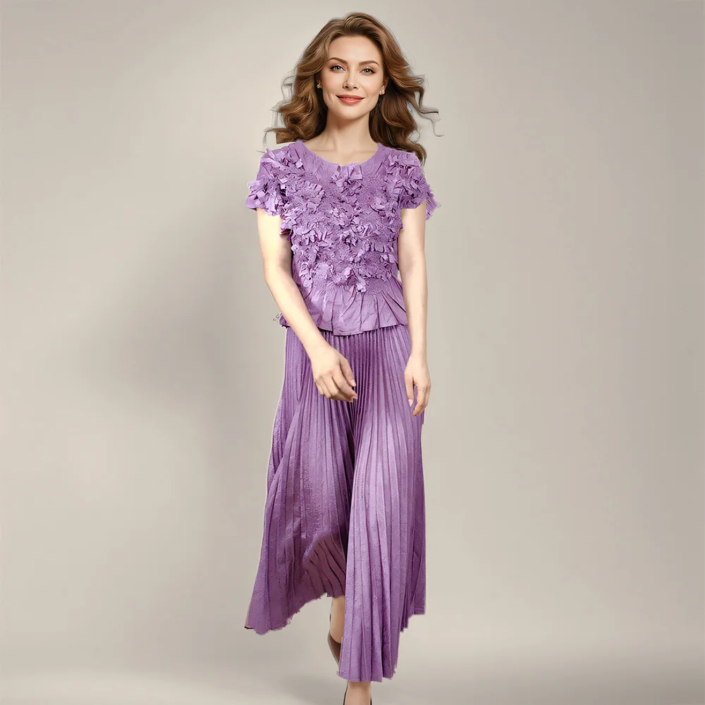 Setelan Kasual Perancis untuk Wanita dengan Desain Ceruk, Atasan Lengan Pendek Bunga Buatan Tangan, Rok Setengah, Set Dua Potong Wanita 2025