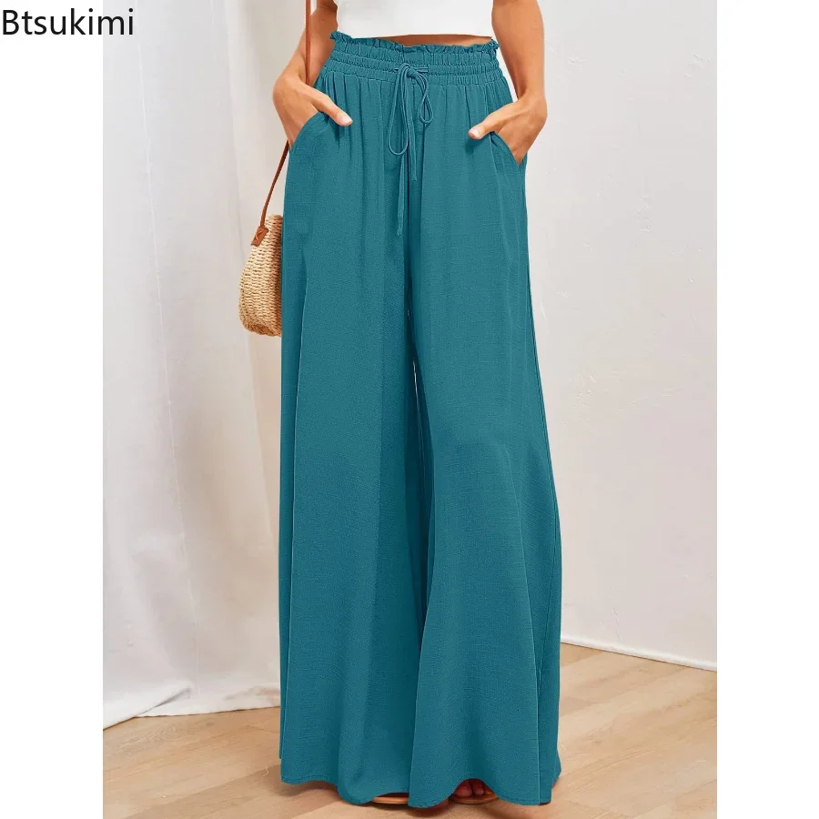 2024Women's Casual Wide Leg Pants Solid Spring Summer Elegant Ladies Trousers Female High Waist Long Skirt Pants for Women Pants