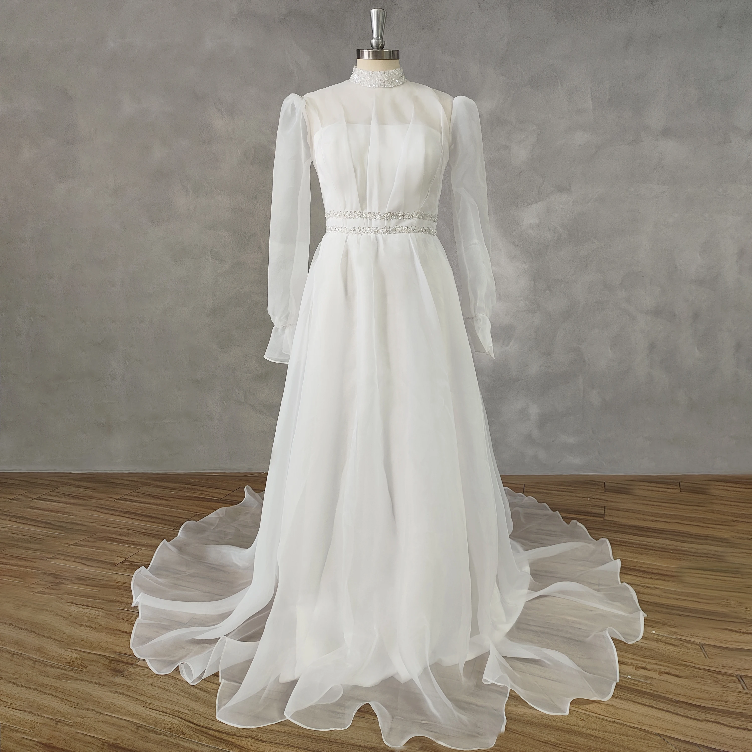 DIDEYTTAWL Real Picture High-Neck A-Line Long Puff Sleeves Organza Wedding Dress Illusion Back Court Train Bridal Gown