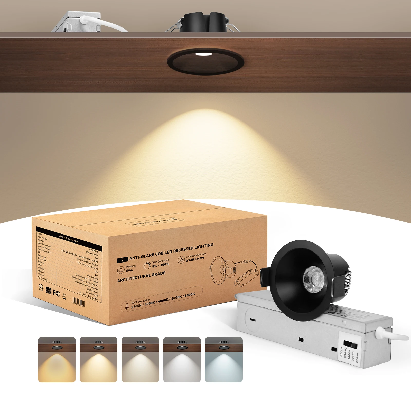 Factory Direct Modern 5CCT LED COB Spot Recessed Downlight 2 3 4 Inch 8W 16W Commercial Indoor Panel Ceiling Range Downlight