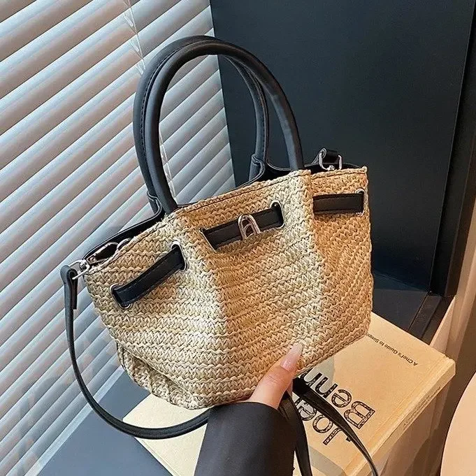 

Женская нишевая тканая сумка-тоут из бумажной соломы, сумка на плечо с этнической вышивкой, легкая сумка Artisan Market для пляжа/йоги