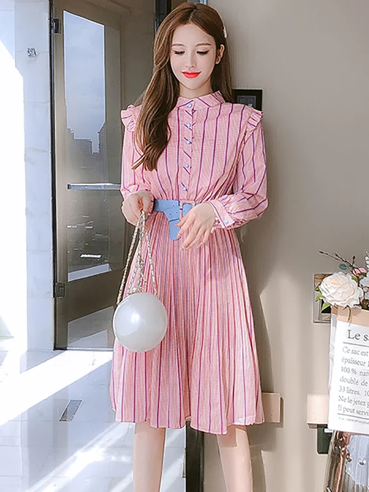 Vestido Midi a rayas de manga larga para mujer, elegante vestido informal para el hogar, Bodycon coreano para fiesta y Festival, color rosa, Otoño, 2024