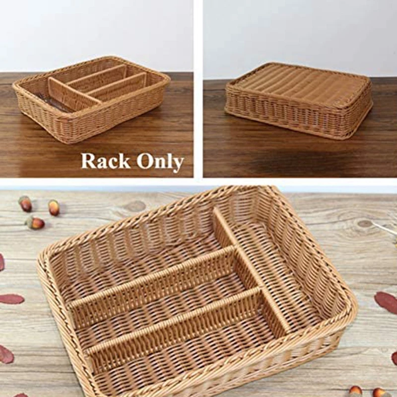 A84M-Kitchen Drawer Organizer Cutlery Storage Basket 4 Compartments Kitchen Forks Knifes Rattan Storage Tray