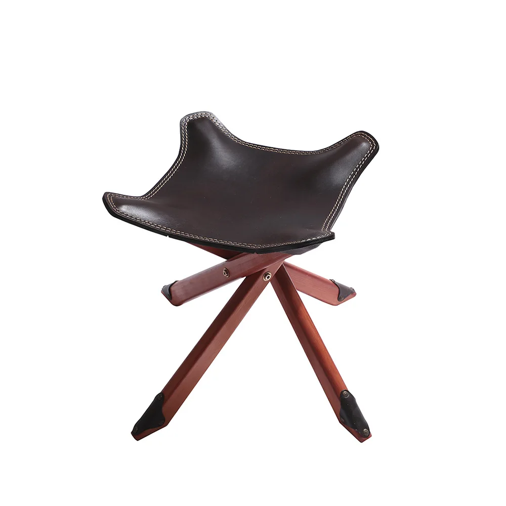 

Vegetable tanned leather hand folding chair, removable portable, solid wood leather chair
