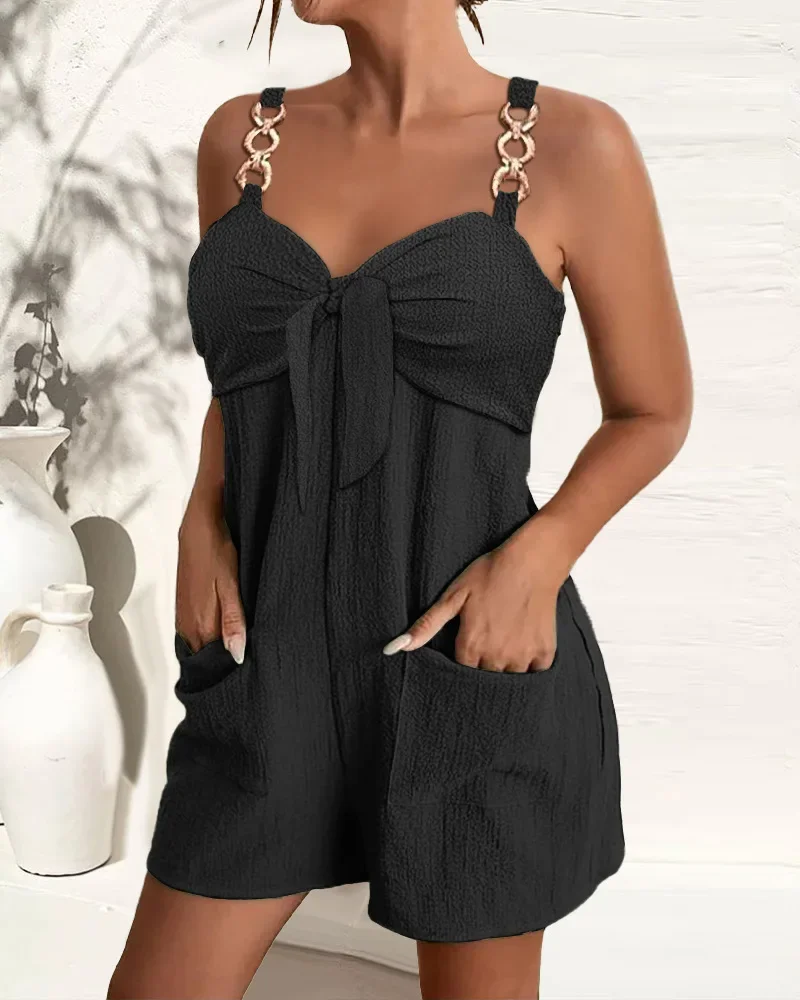 Rompers with Suspender Buckle and Knot Chic Fashion Summer Daily Casual High Style Form-fitting Sexy Pocket Decoration