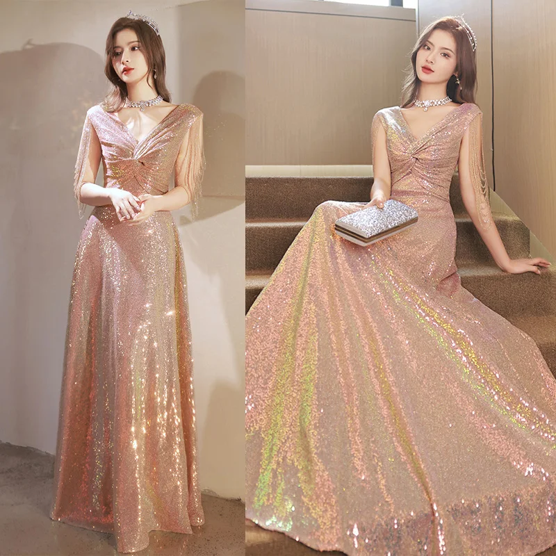 

It's Yiiya Customized Evening Dress Deep V-Neck Sequins A-Line Floor-Length Zipper Back Plus size Woman Party Formal Gown A2864