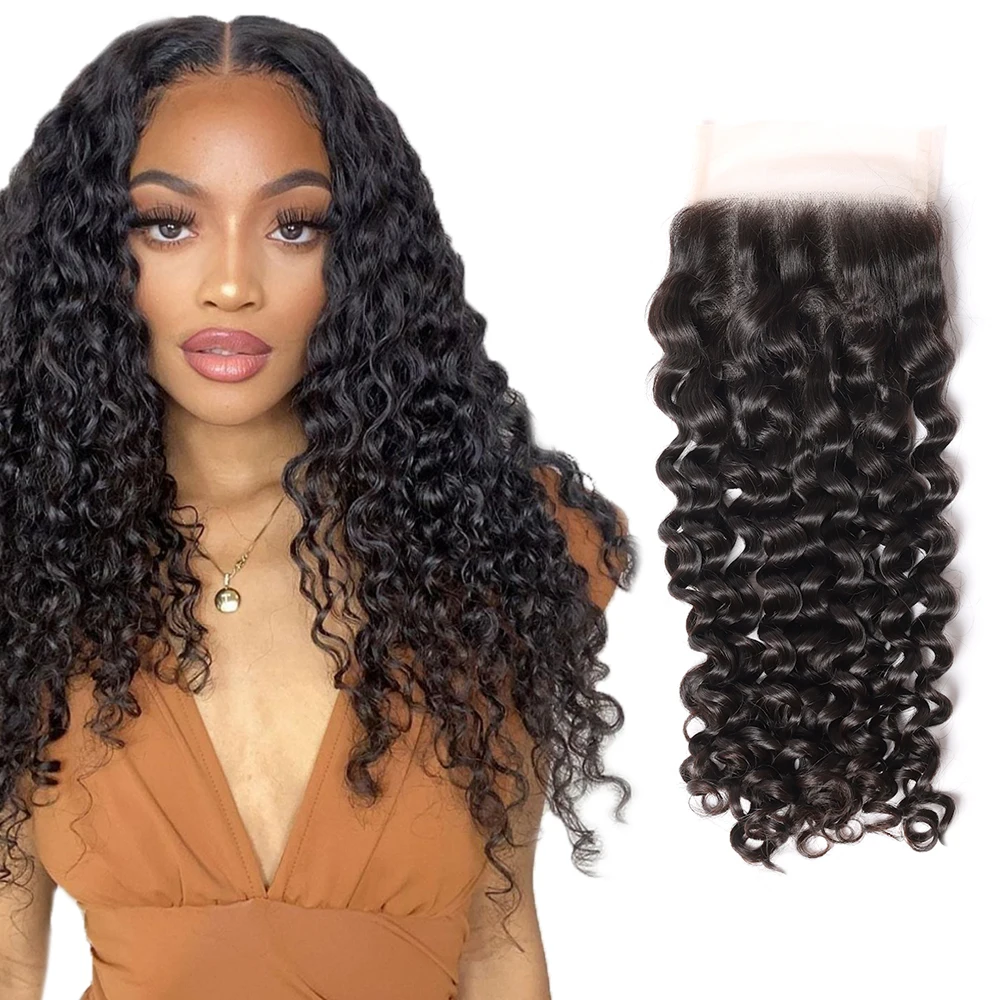 

Transparent Lace Closure 5x5 Swiss Lace Water Wave Closure Human Hair Italian Curly Lace Closures With Pre-Plucked Hairline