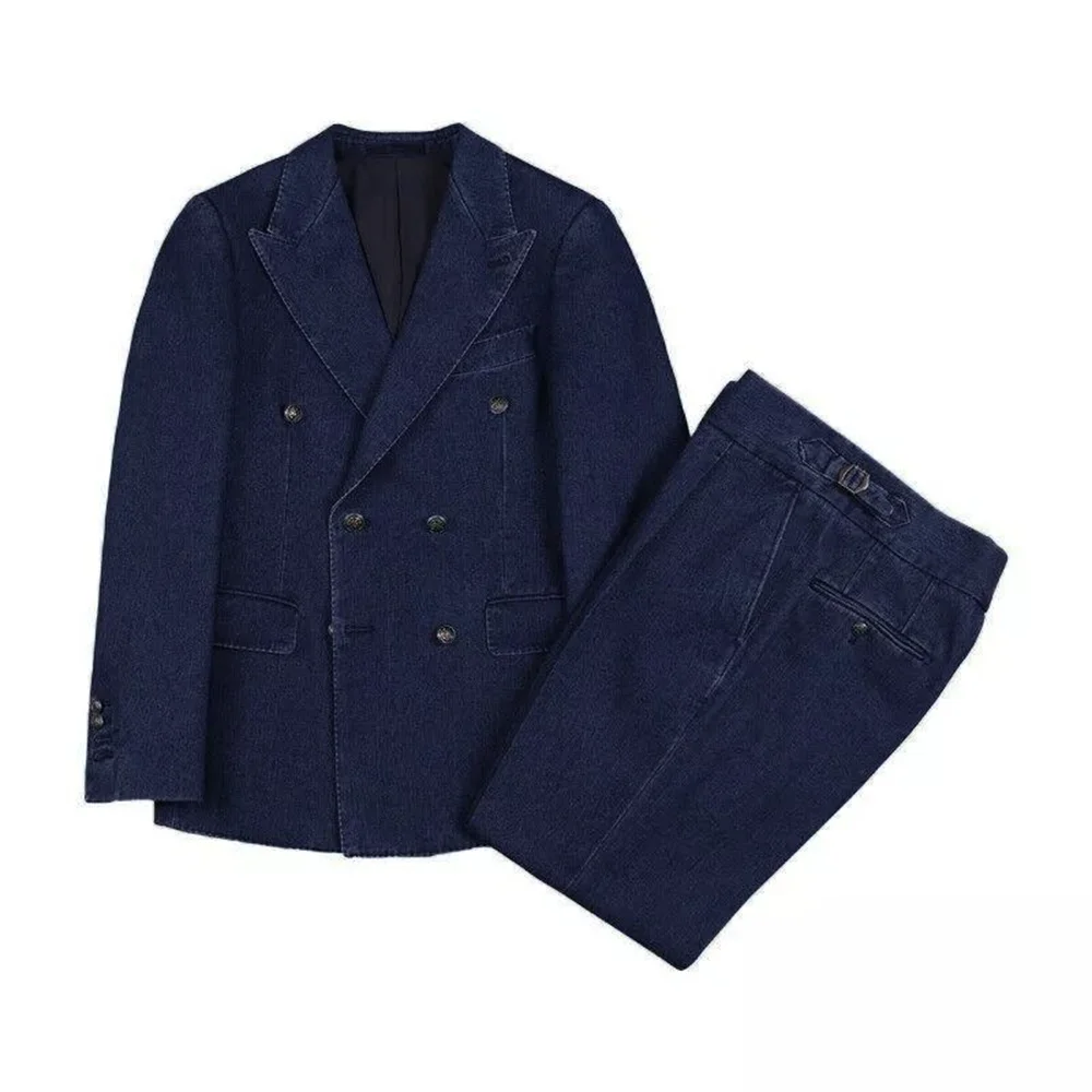 

High Quality Denim Men's Suits 2 Piece Chic Peak Lapel Double Breasted Formal Smart Casual Office Male Suit (Jacket+Pants)