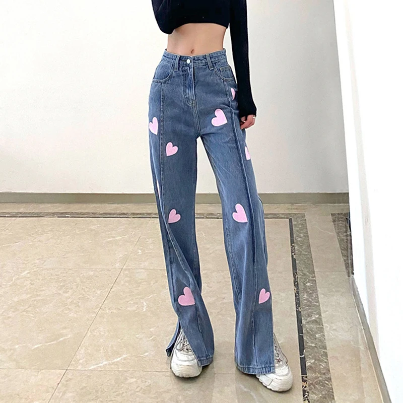 Fashion Love Sequined Trousers Split Blue Jeans Women's 2024 Summer High Waist Casual Drape Straight Trousers Boyfriend Jeans
