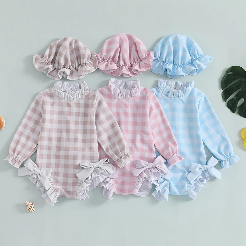 0-24M Summer Newborn Baby Girls Swimwear Plaid Print Ruffles Long Sleeve Bowknot Swimsuits Beachwear Bathing Suits with Swim Cap