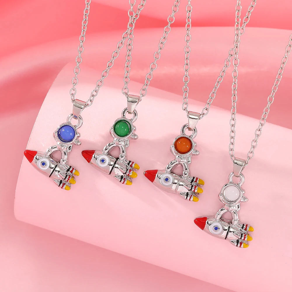 Funny Cartoon Spaceman And Rocket Design Shaped Necklace Cute Astronaut Cosmonaut Pendant Chain