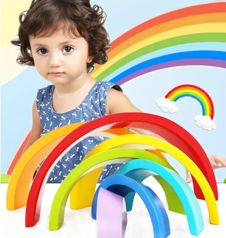Arch Bridge Rainbow Building Blocks Kids Montessori Educational Games Color and Shape Cognitive Wooden Toys for Children