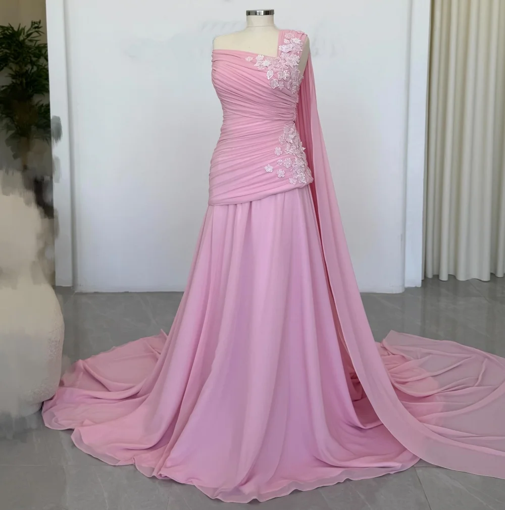 

Customized Party Gown Chiffon Pleat Applique One-shoulder A-line Floor-length Bespoke Occasion Prom Dresses Women's Evening Chic
