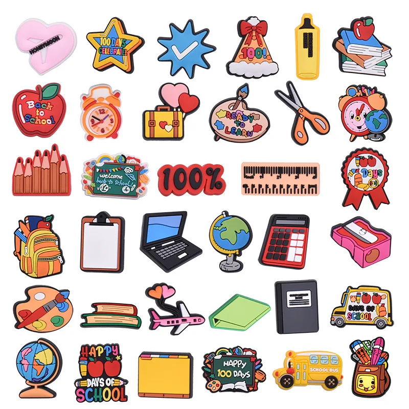1/35Pcs Back To School Stationery PVC Shoe Charms 100 Days Of School Decor For Slides Sandals Clog DIY Accessories Students
