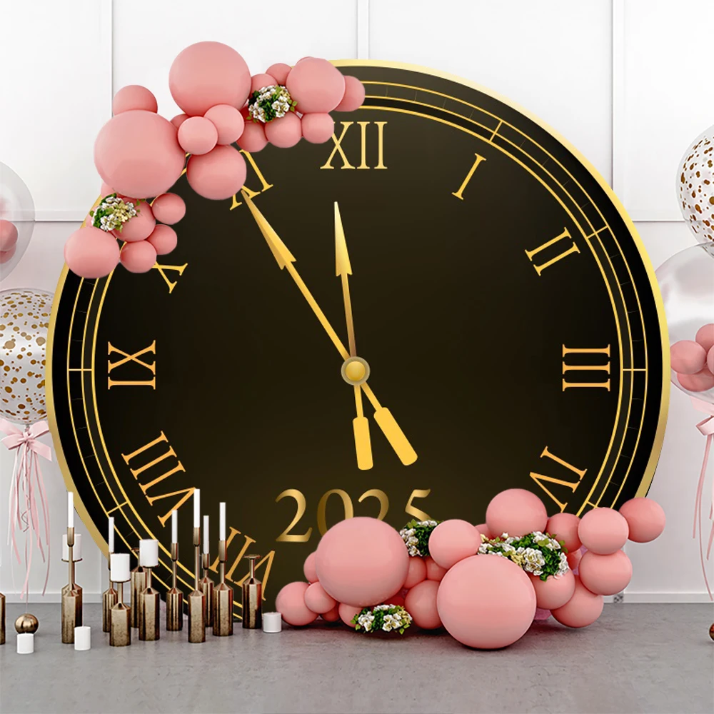 2025 Happy New Year Round Backdrop Cover Black Gold Clock Family Party Celebrate Decor Photography Background Banner Photo Props