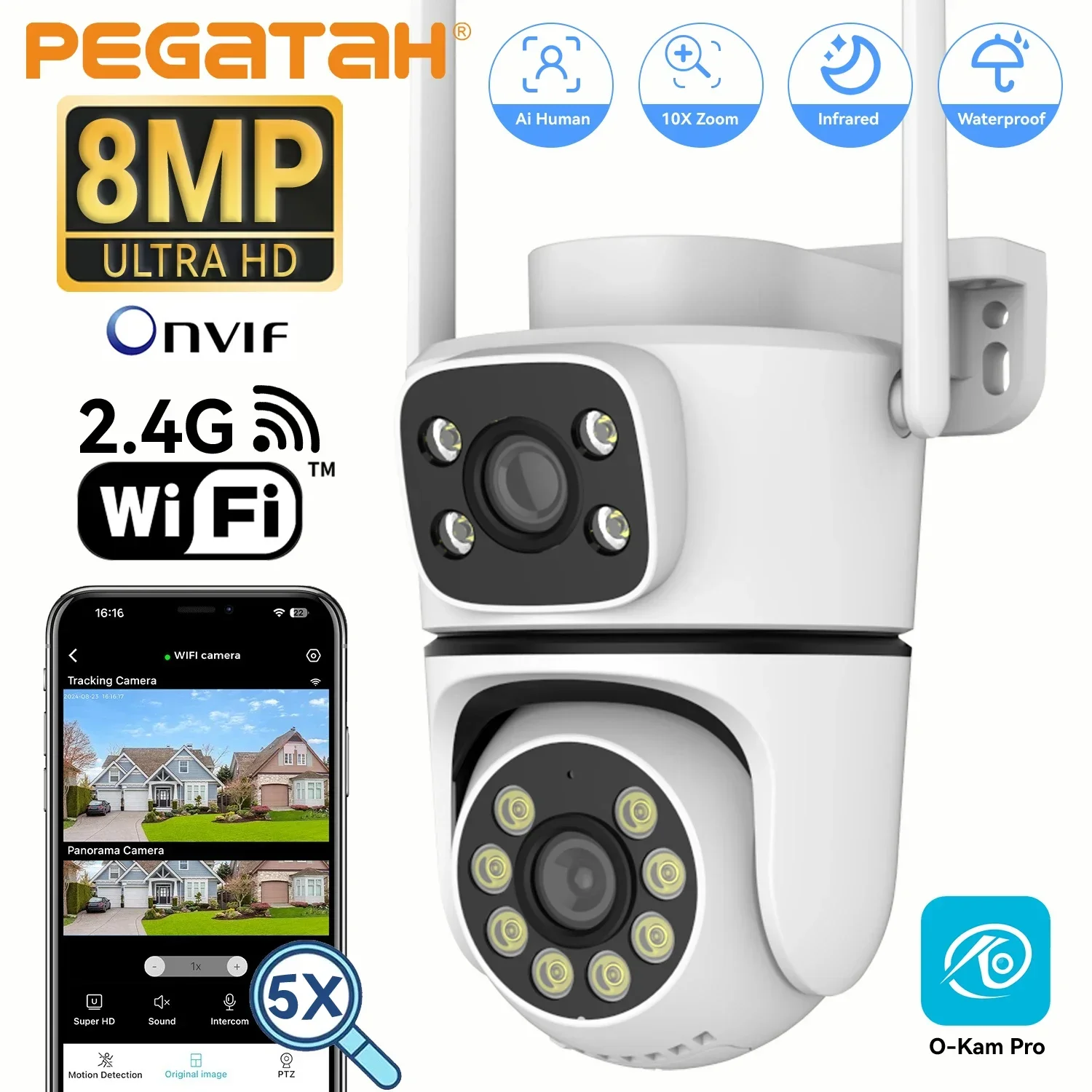 PEGATAH 4K IP PTZ Camera WiFi 4K Dual Len Outdoor Auto Tracking Color Night Vision CCTV Surveillance Camera Security Protection
