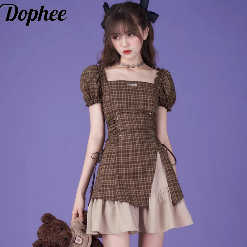 

Dophee New Spring Summer Slash Neck Puff Short Sleeve Coffee Plaid Short Dress Colorblock Women High Waist Slim A-line Dress