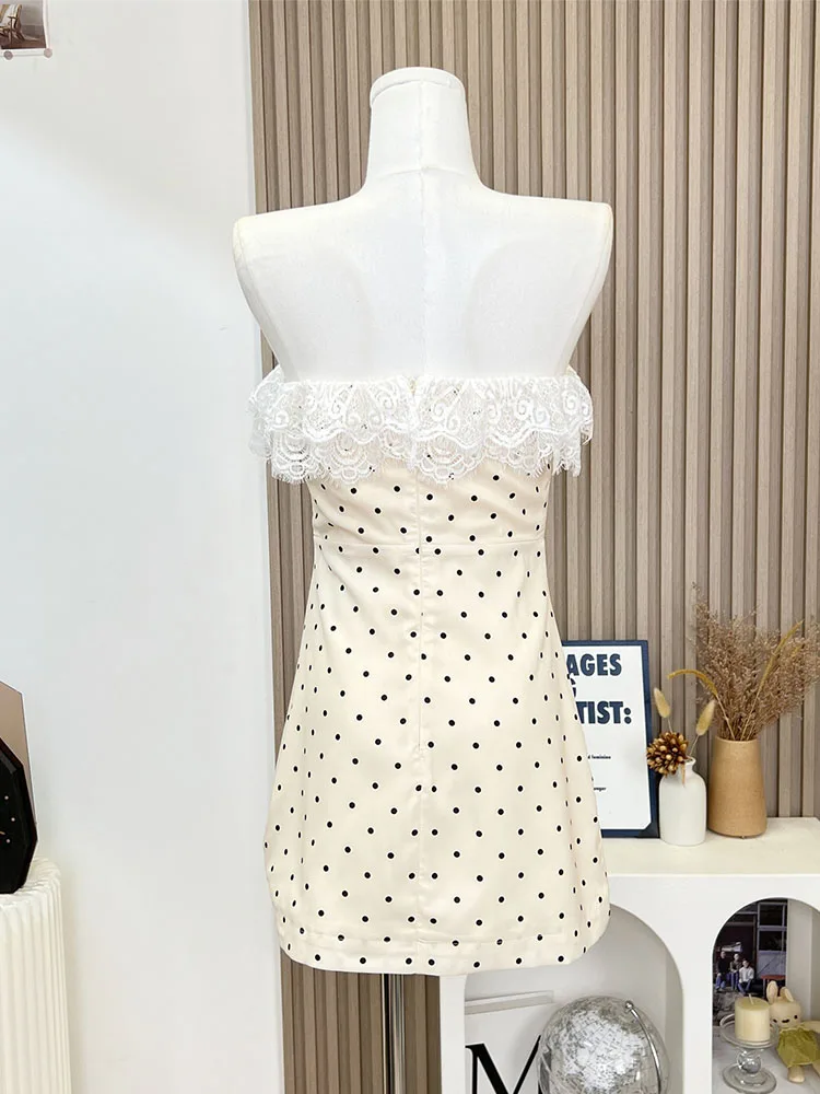 Formal Occasion Outfits 2 Piece Skirts Set Polo-Neck Single Button Short Sleeve Overshirt Top + Sexy Polka Dot Lace A-line Dress