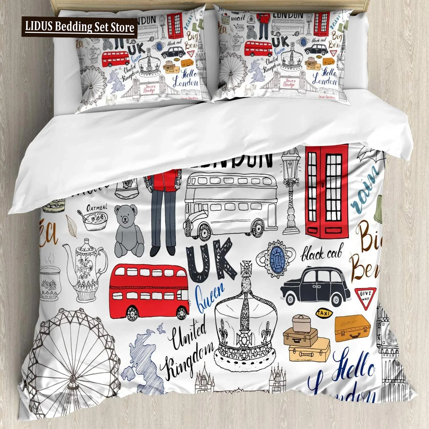 

Hipster Duvet Cover London Double Decker Bus Telephone Booth Cab Crown Of United Kingdom Big Ben Polyester Quilt Cover Full King